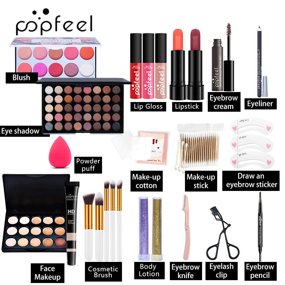 POPFEEL All-in-One Makeup Kit Gift Set with Eyeshadow Palette Foundation Lip Gloss Blush Brushes Eyeliner and More Beauty Gifts