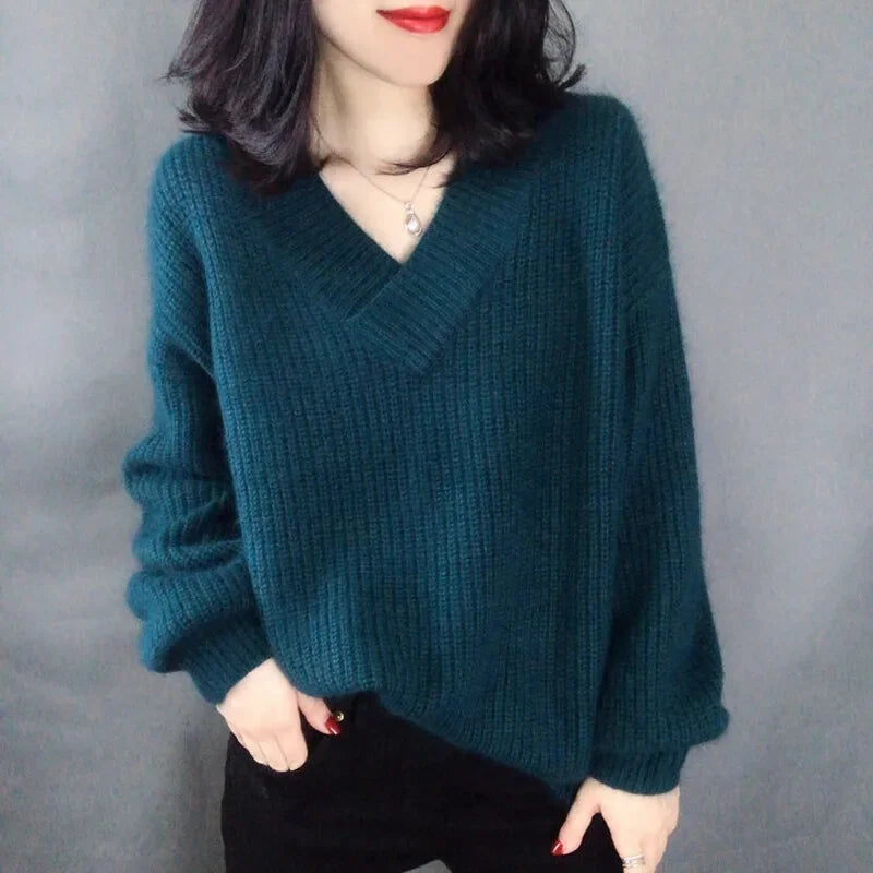 Ladies V-neck Pullover Knitted Autumn Winter Female New Solid Color Knit Coat