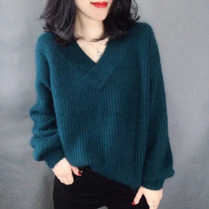 Ladies V-neck Pullover Knitted Autumn Winter Female New Solid Color Knit Coat