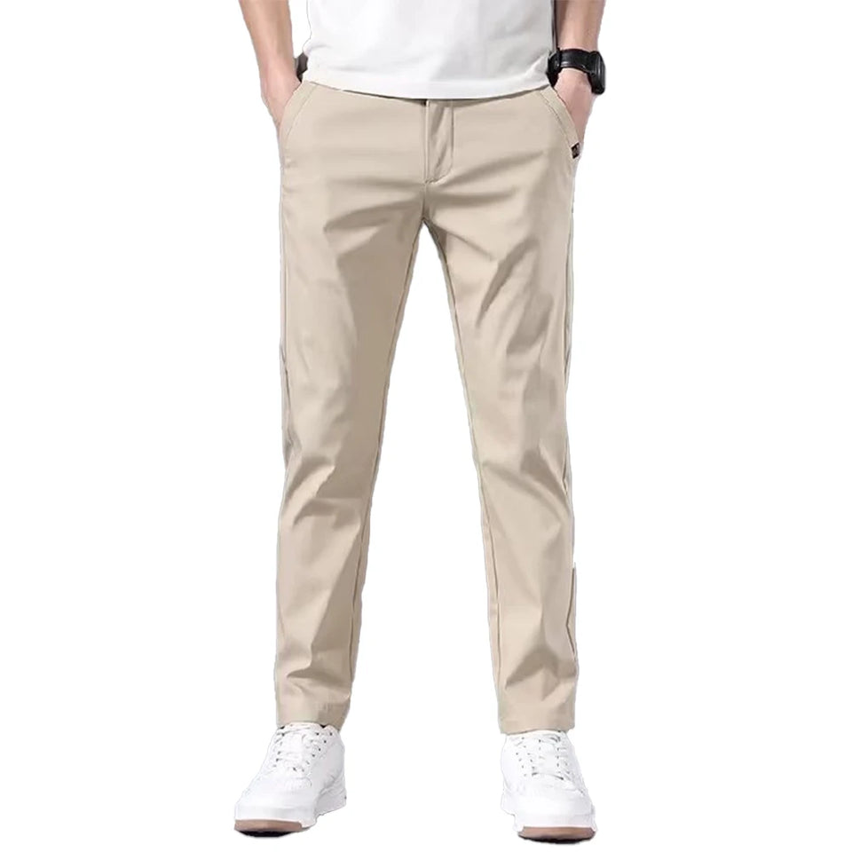 Fashion Men's Slim Fit Pants Solid Color Stretch Chino Trousers Casual Flat