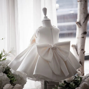 Toddler White Wedding Satin Princess Baby Girl Dress Bow 1 Year Birthday Evening Party Newborn Christening Dress for Girl Clothe