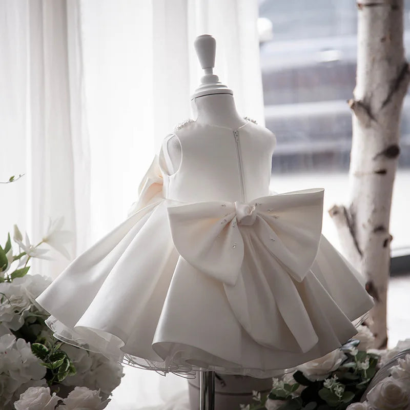 Toddler White Wedding Satin Princess Baby Girl Dress Bow 1 Year Birthday Evening Party Newborn Christening Dress for Girl Clothe