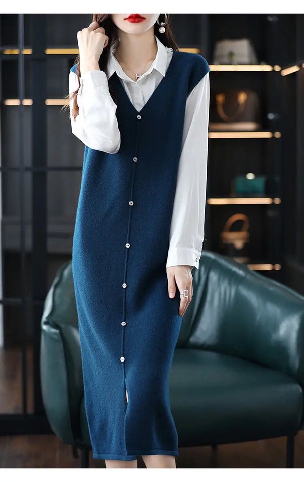 Long, Medium to Long Sleeveless Knitted Knee Length Vest Skirt Autumn Winter V-neck