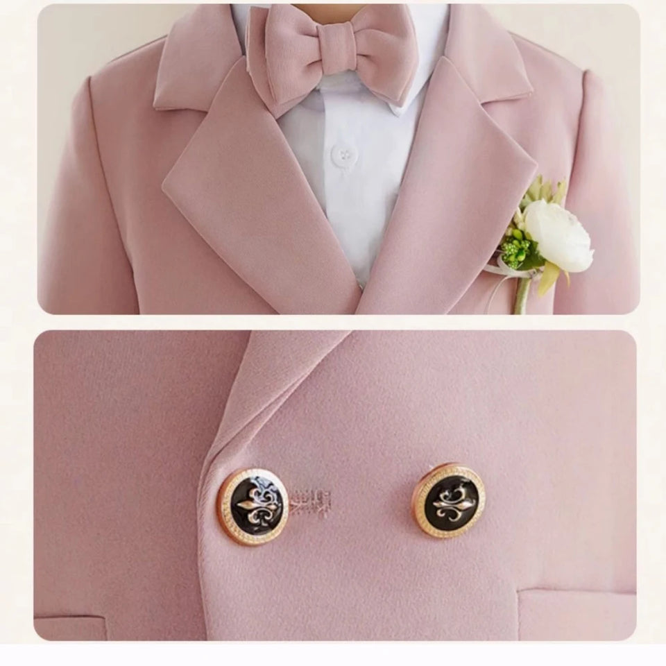 Boys Spring Autumn Formal Pink Suit Children Kids Blazer Pants Bowtie Outfit