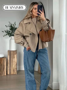 Elegant Solid Long Sleeves Woolen Blend Cropped Coat Fashion Lapel Double Breasted Jacket