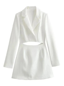 Women's Long Sleeve Hollow Out Suit Fashion Lapel Dress Split Design Mini Dress