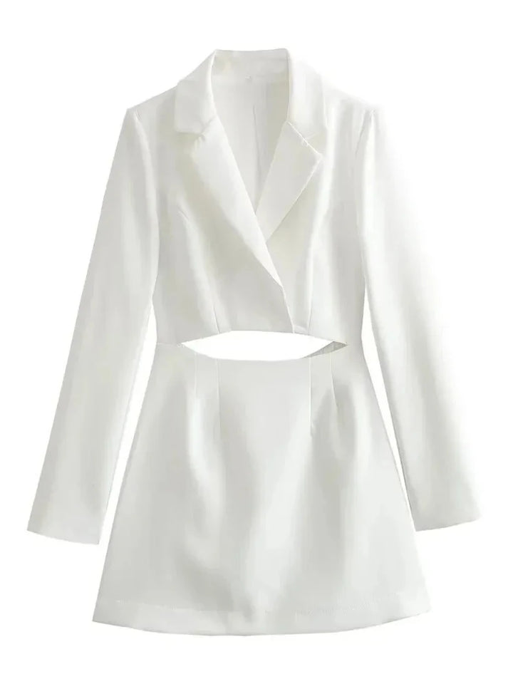 Women's Long Sleeve Hollow Out Suit Fashion Lapel Dress Split Design Mini Dress