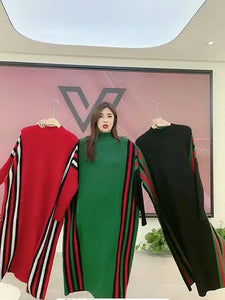 Casual Strip Knitwear Loose Midi Dresses  Elegant Half Turtleneck Knitted Dress Sweater