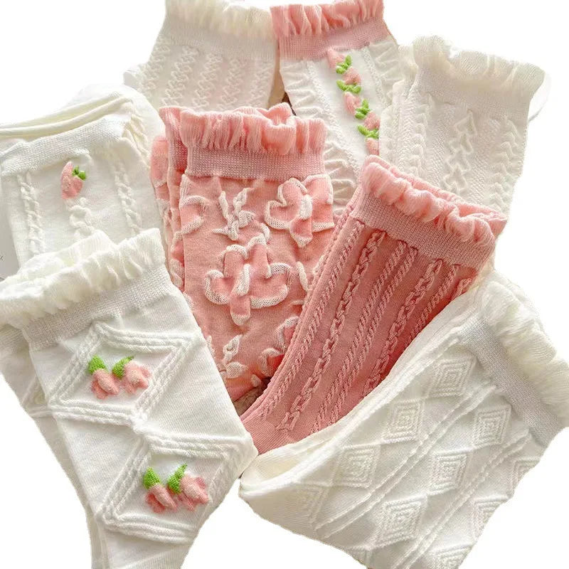 5 Pairs Cute Socks with Flowers Women Lace White Short Socks Sweet Lolita jk Ruffled Harajuku Krean Style Mid Tube Cotton Socks