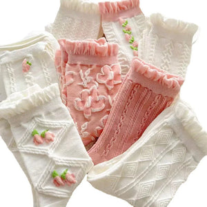 5 Pairs Cute Socks with Flowers Women Lace White Short Socks