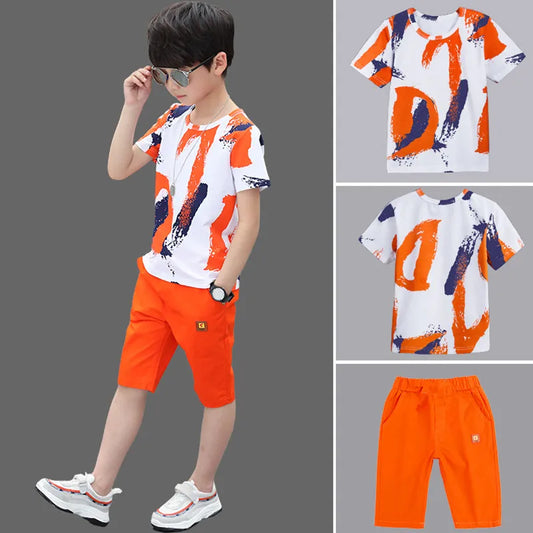 outfits Cotton Teenage Boys Clothing casual Suit Children Short Sleeve Shirt Shorts Set 4 6 8 12 Years