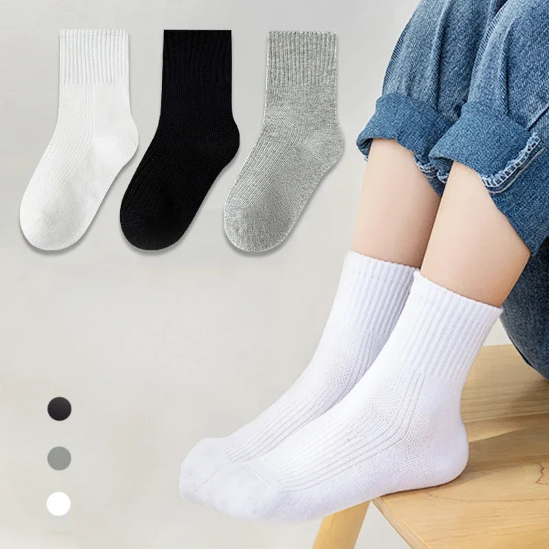 5 Pairs Pure Cotton Children  Socks Black White Grey Solid Color Unisex Breathable Sports School Socks Baby Girl Calf Socks