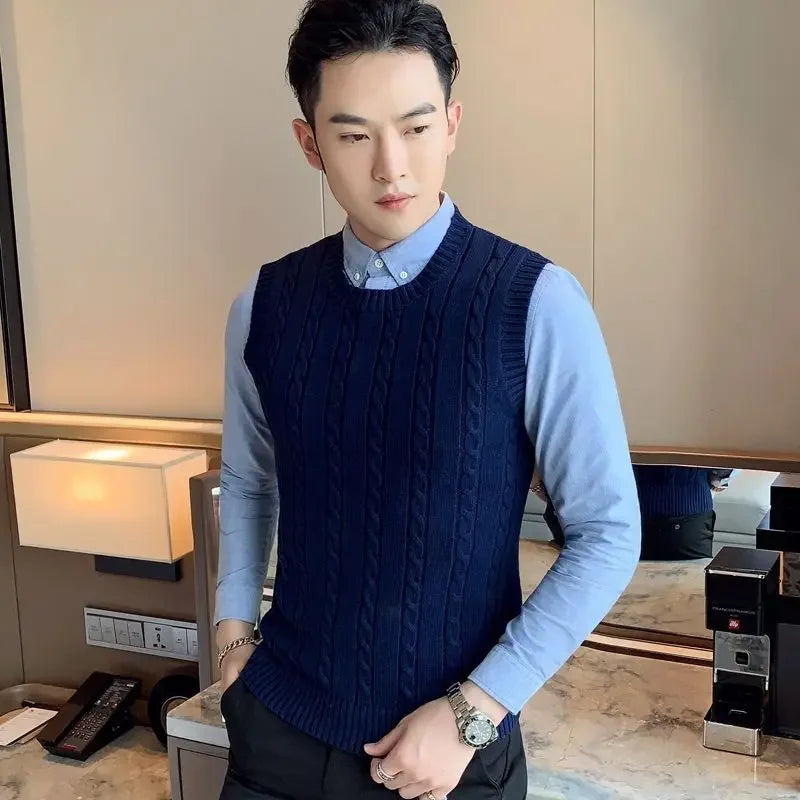 Knit Sweater Male Solid Color Sleeveless Plain Men's Clothing Blue