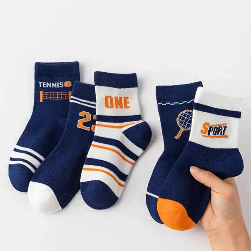 5 Pairs/lot Kids Socks Spring Autumn Tennis Series Boys