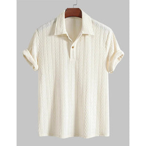 New Men's Shirts Solid Color Jacquard Textured Polo Collar Half Buttoned Short Sleeves