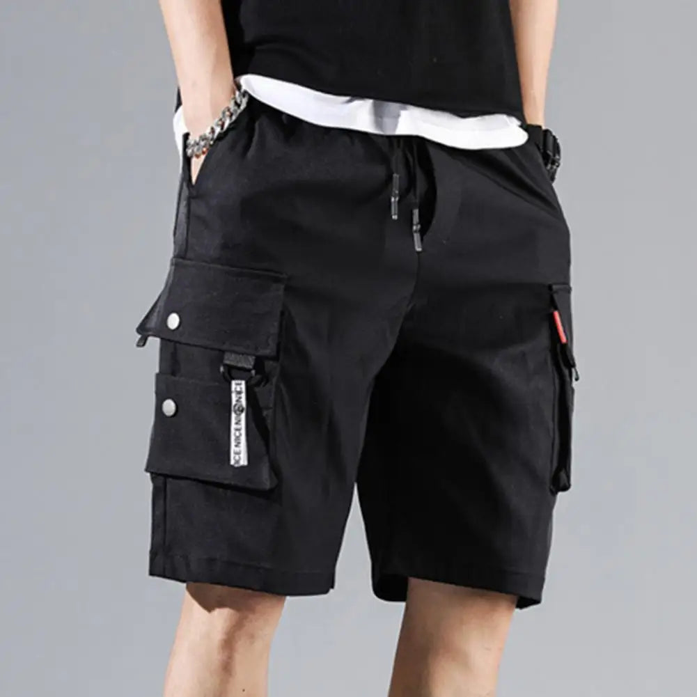 Men's Cargo Shorts Solid Color Multiple Pockets Short Pants Summer Elastic Waistband Drawstring Cargo Shorts Casual Men Shorts