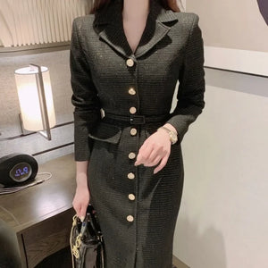 Tweed Midi Dress Metal Button Single Breasted Belt Slim Vestidos Fall Winter Solid Retro Robe