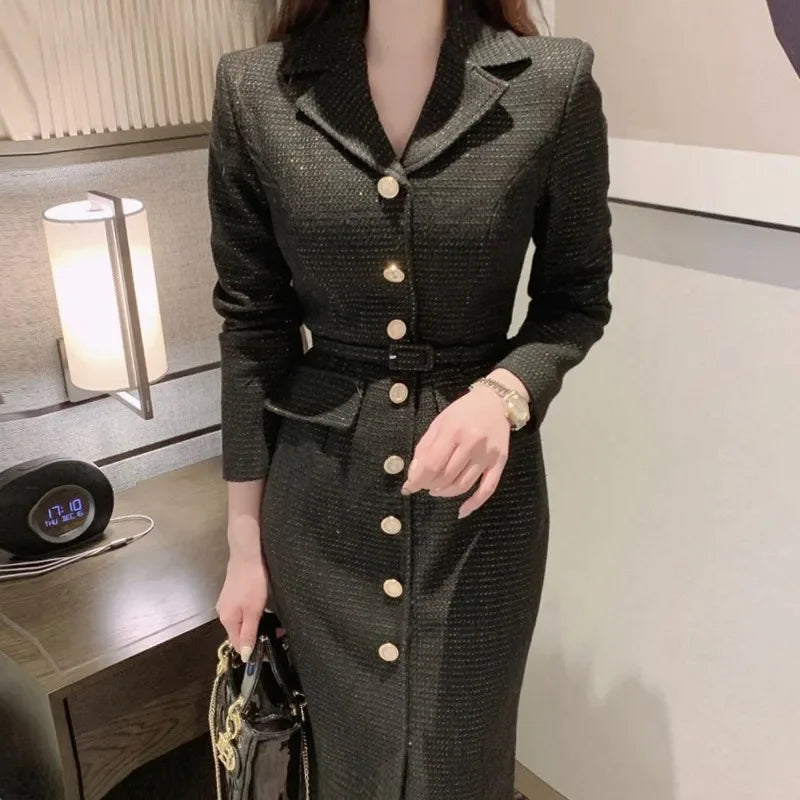 Tweed Midi Dress Metal Button Single Breasted Belt Slim Vestidos Fall Winter Solid Retro Robe