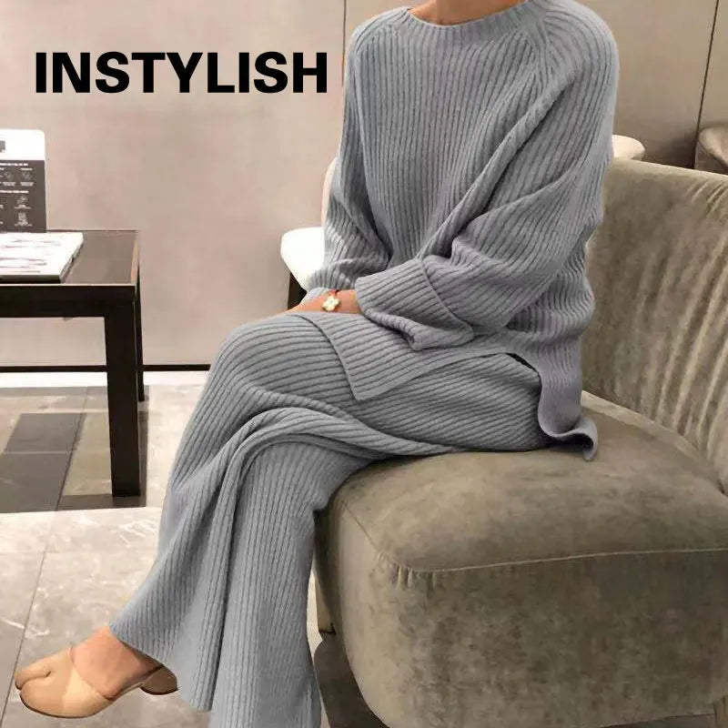 Women Elegant Sweater Suit Elegant Knitted Two Pieces Set Autumn Winter Oversized Pullover and Trousers