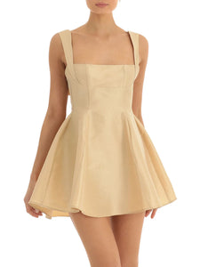 Women Summer Back Bow Short Sling Dress Solid Color Sleeveless Backless Square Neck Party Club A-line Dress