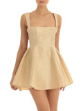 Women Summer Back Bow Short Sling Dress Solid Color Sleeveless Backless Square Neck Party Club A-line Dress