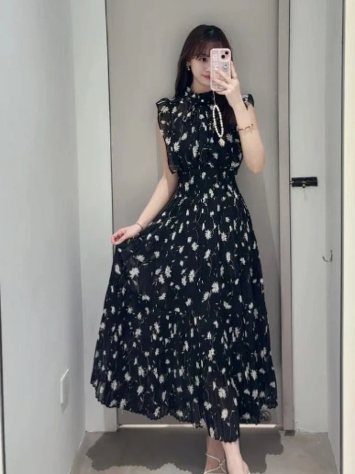 Kuzuwata Fresh Mid-length Print High Waist Robe New Gentle Literary Lace Up Pleated Slim Exquisite Mujer Japan New Elegant Dress