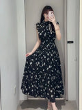 Kuzuwata Fresh Mid-length Print High Waist Robe New Gentle Literary Lace Up Pleated Slim Exquisite Mujer Japan New Elegant Dress