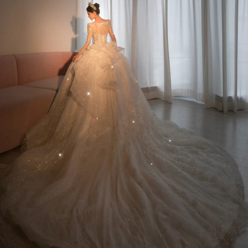 Long Sleeve Beading Wedding Dress Sexy See Through Square Collar Luxury Sweep