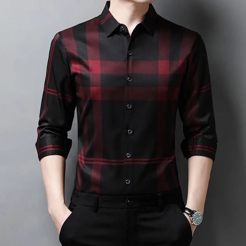 Luxurious Men's Long Sleeve Striped Shirt New Spring Autumn Ice Silk Business Top Wrinkle-resistant Non-iron Solid Men Clothing