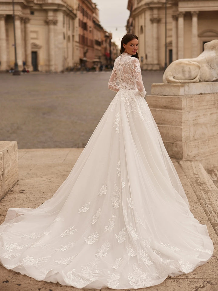 Glitter A-line Long Wedding Dress Modest High Collar Bride Robe Graceful Appliques Flower Bridal Gown Customized Robe De Mariée
