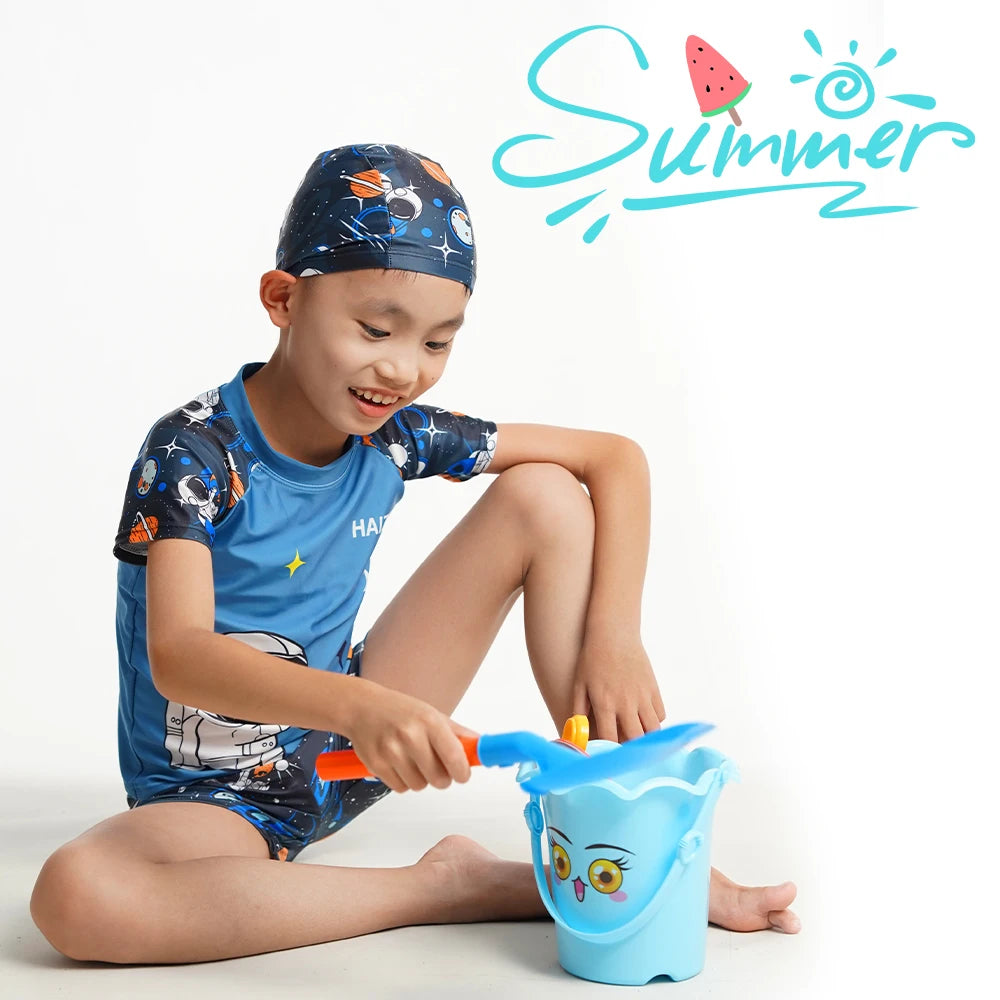 Boys Swimsuit 3-Piece Rashguard Sets Cute Cartoon Print Kids Beach Suit Short Sleeve Swimwear with Swim Hat Toddler BeachWear