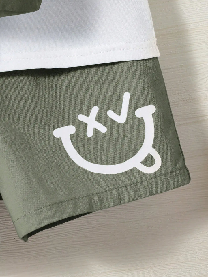 Boys & Girls Round neck Solid color T-shirt Cartoon Design Shoulder Pocket Shorts 2-piece set (bag not included)