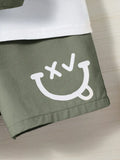 Boys & Girls Round neck Solid color T-shirt Cartoon Design Shoulder Pocket Shorts 2-piece set (bag not included)