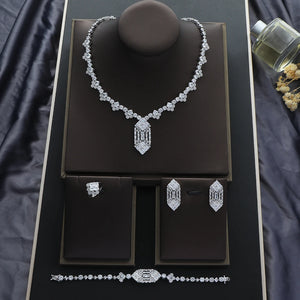 Luxury Geometric Diamond Square Zirconia Flower Pendant Dubai Naija Bridal Necklace Earrings Jewelry Set Official Website S538