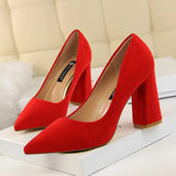 Women 8.5cm High Heels Elegant Pumps Lady Wedding Block Heels Scarpins Flock Suede Red Brown Nightclub Event Party Office Shoes