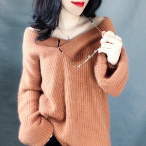 Ladies V-neck Pullover Knitted Autumn Winter Female New Solid Color Knit Coat