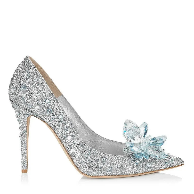 Red Crystal Covered Pointy Toe Pumps Luxury Rhinestone Cinderella Heels Wedding Shoes Bridal Stiletto Heel Women Shoes