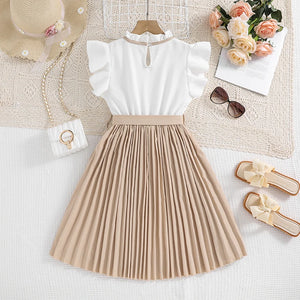 Kids Dress For Girls White Petal Sleeves Pleated Khaki Skirt &Bow tie Preppy Style Elegant Birthday Party Clothes For 8-12 Years