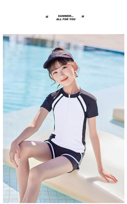 Double Layers Shorts Girls Swimwear Two-Pieces Suits Summer Beach Clothes L-5XL Kids Short-sleeve Swimsuit For Girl Pink, Black