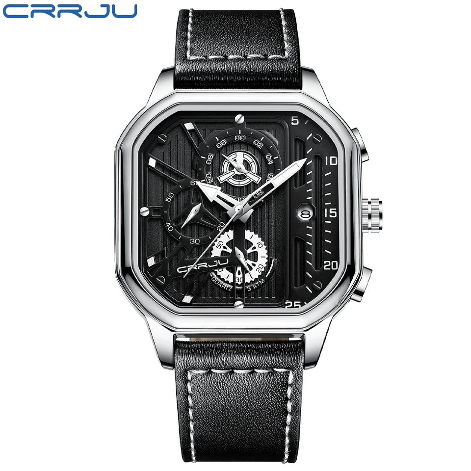 CRRJU Fashion Square Dial Leather Mens Watches Luxury Sport Waterproof Watch Man Chronograph Quartz WristWatches Homme+Box