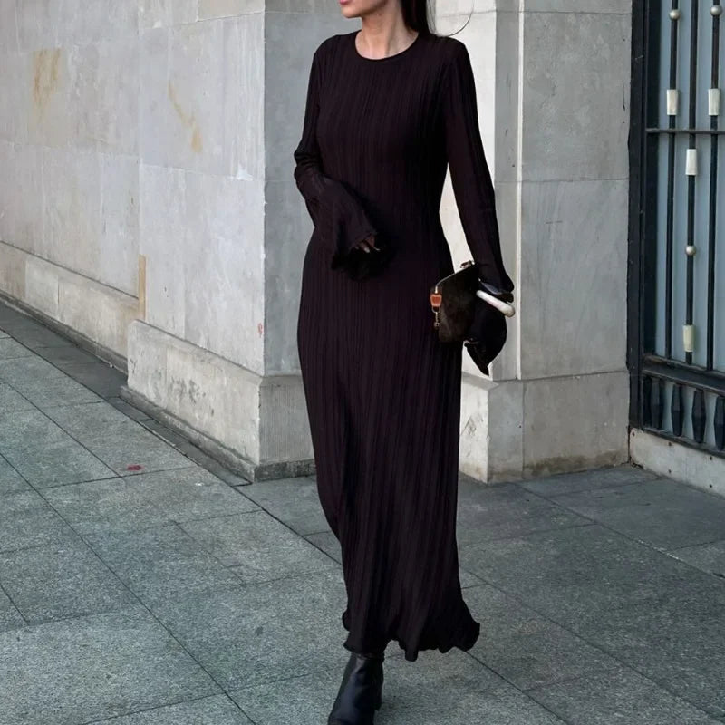 Winter Solid Loose Long Sleeve Tie Y2k Dress Casual Office Commuting Long Dress Female