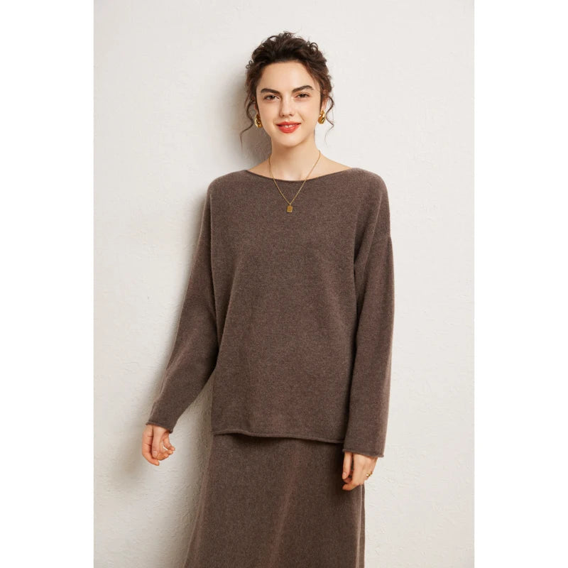 Autumn Winter 100% Cashmere Sweater Luxury Women's  Pullover Skirt Two Pieces Set
