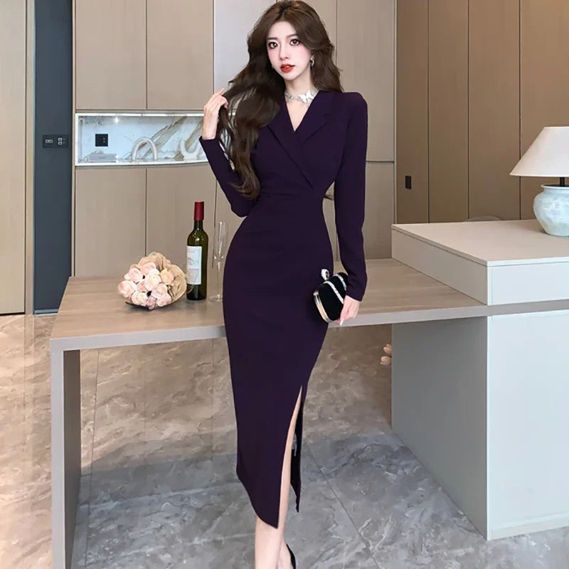 Women Pink Pleated Bodycon Formal Long Dress Autumn Winter Long Sleeve Chic Suit Dress