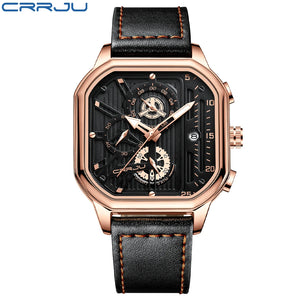 CRRJU Fashion Square Dial Leather Mens Watches Luxury Sport Waterproof Watch Man Chronograph Quartz WristWatches Homme+Box