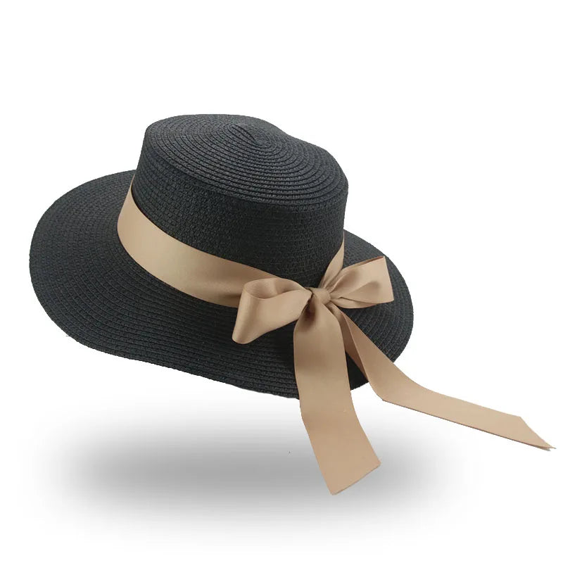 Summer Straw Hats for Women Flat Top Ribbon Bowknot Elegant Luxury  Hats