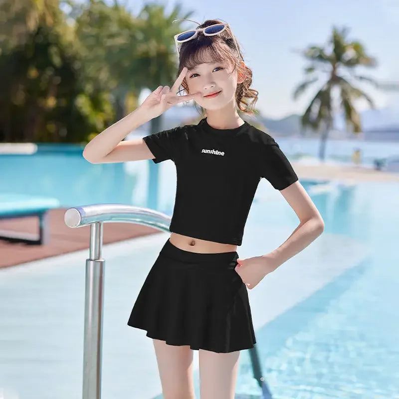 Two Pieces Girls Swimsuit Summer Beach Swimwear Skirt With Underwear Short Sleeve