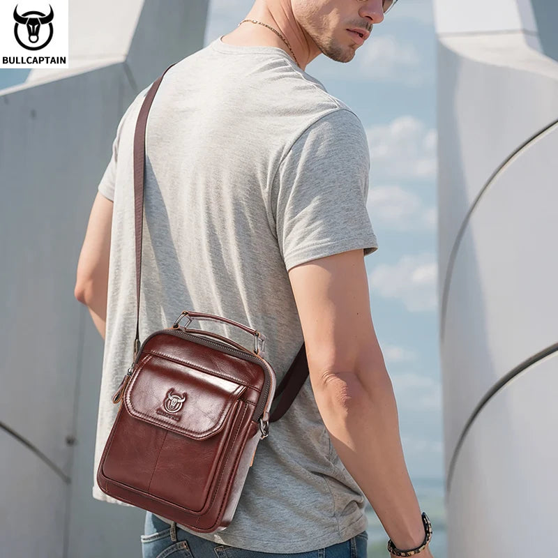 BULLCAPTAIN Men's Genuine Leather Shoulder Bag Multifunctional 7.9-inch Tablet Handbag Retro Casual Crossbody Bag Cowhide