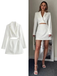 Women's Long Sleeve Hollow Out Suit Fashion Lapel Dress Split Design Mini Dress