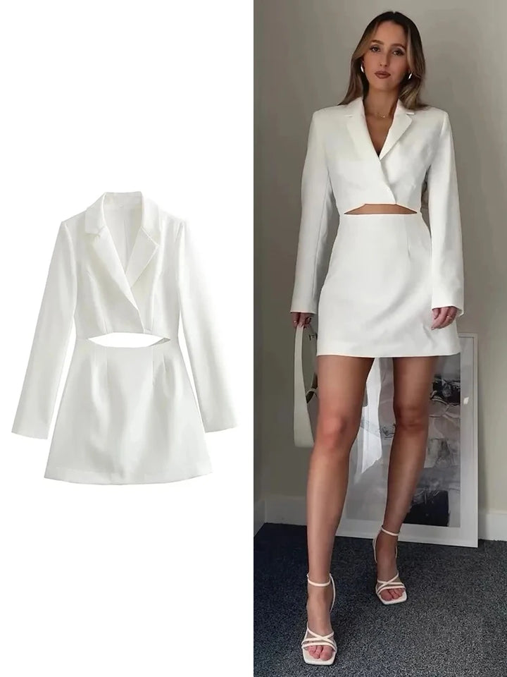 Women's Long Sleeve Hollow Out Suit Fashion Lapel Dress Split Design Mini Dress