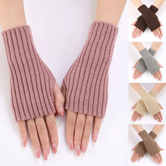 Women Half Finger Gloves Winter Knitted Arm Sleeves Fingerless Mittens Solid Color Soft